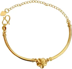 18k Yellow Gold Adjustable Diamond Cut Elegant Flower Bangle Bracelet with Extended Link Chain for Women