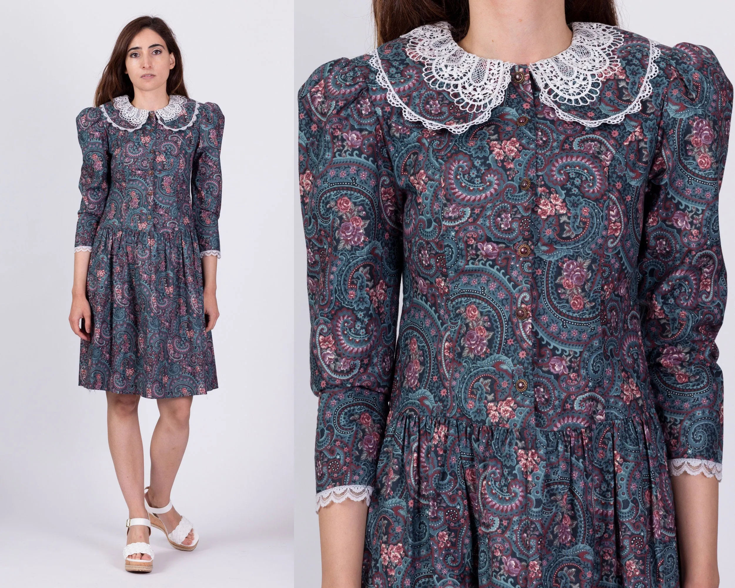 80s Gunne Sax Floral Puff Sleeve Dress - Girl's 14