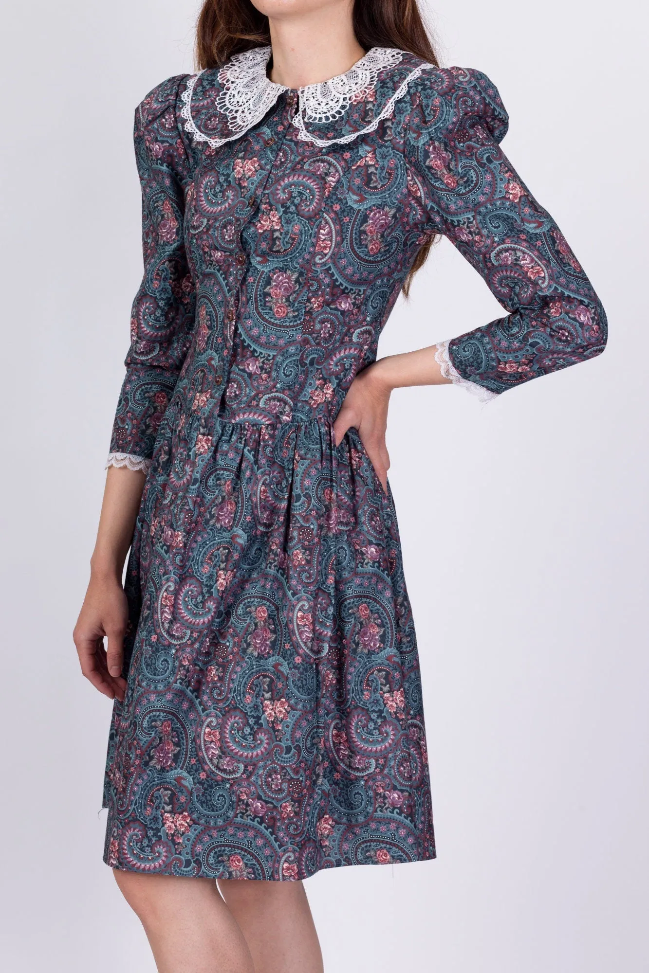 80s Gunne Sax Floral Puff Sleeve Dress - Girl's 14