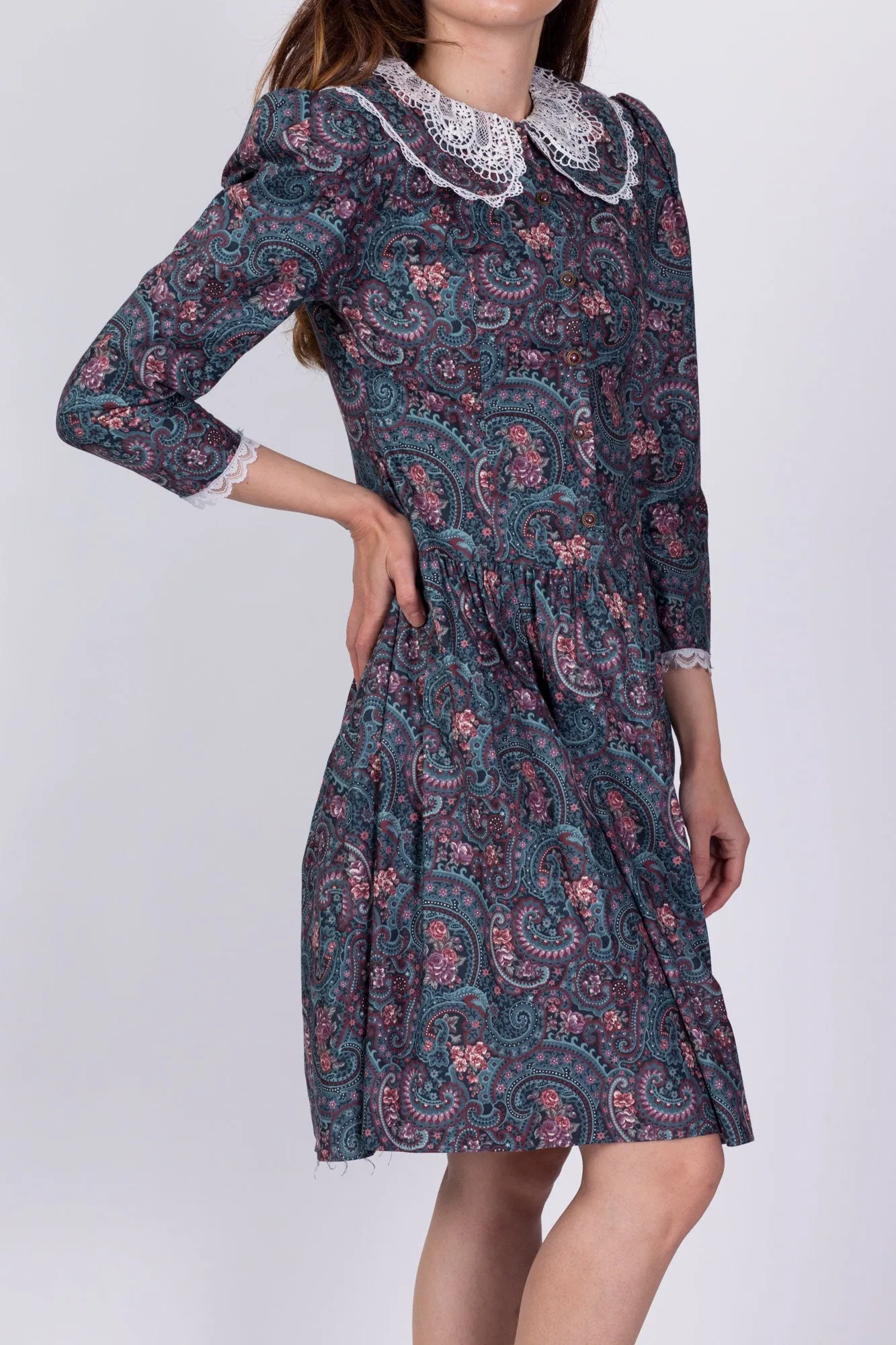 80s Gunne Sax Floral Puff Sleeve Dress - Girl's 14