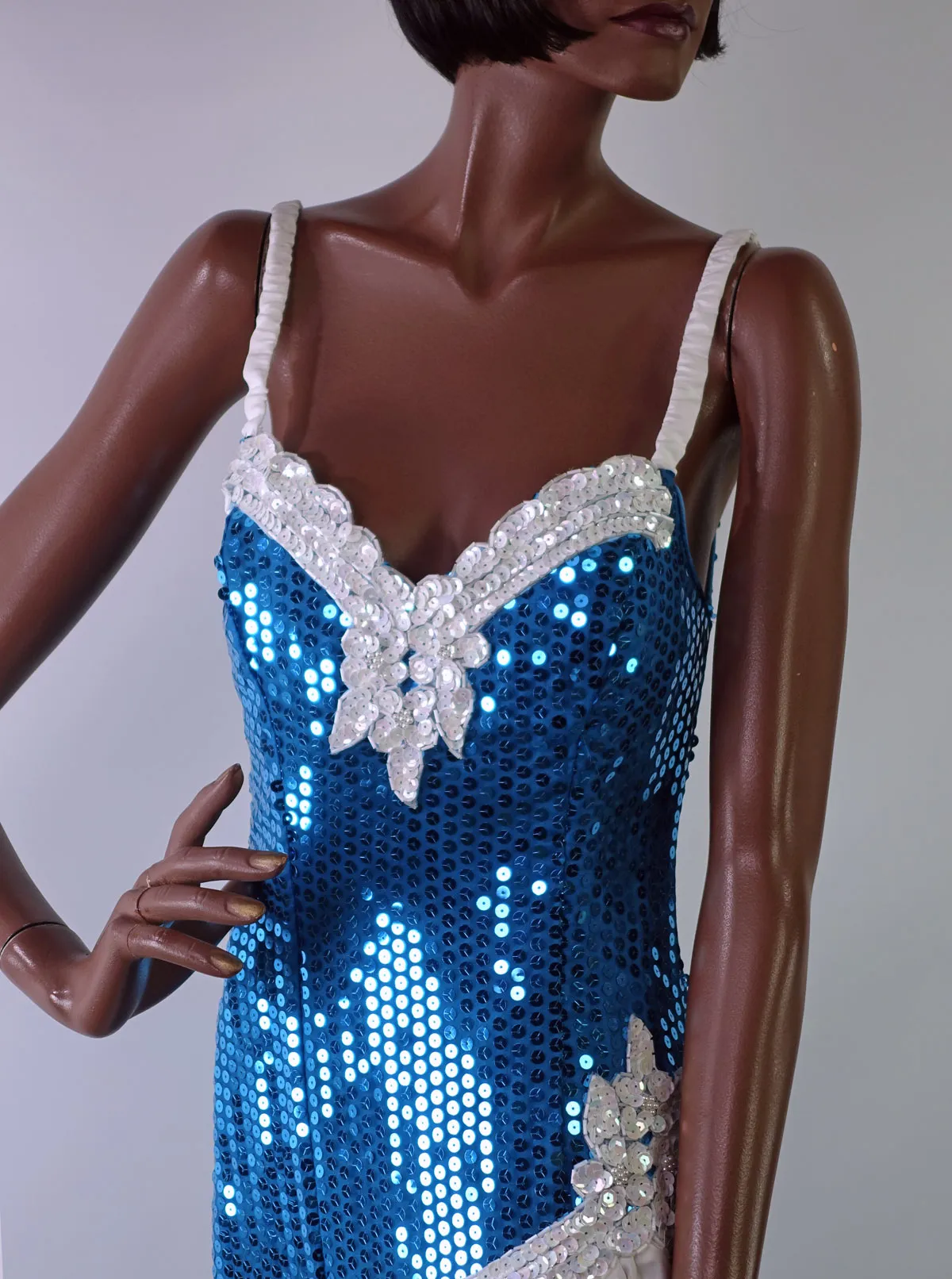 80s Prom Dress Sequined Women's Vintage Turquoise White Paris Sport Club XS/S Dance Party VFG