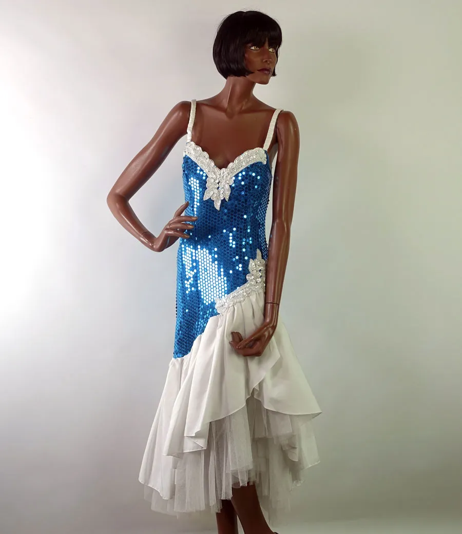 80s Prom Dress Sequined Women's Vintage Turquoise White Paris Sport Club XS/S Dance Party VFG