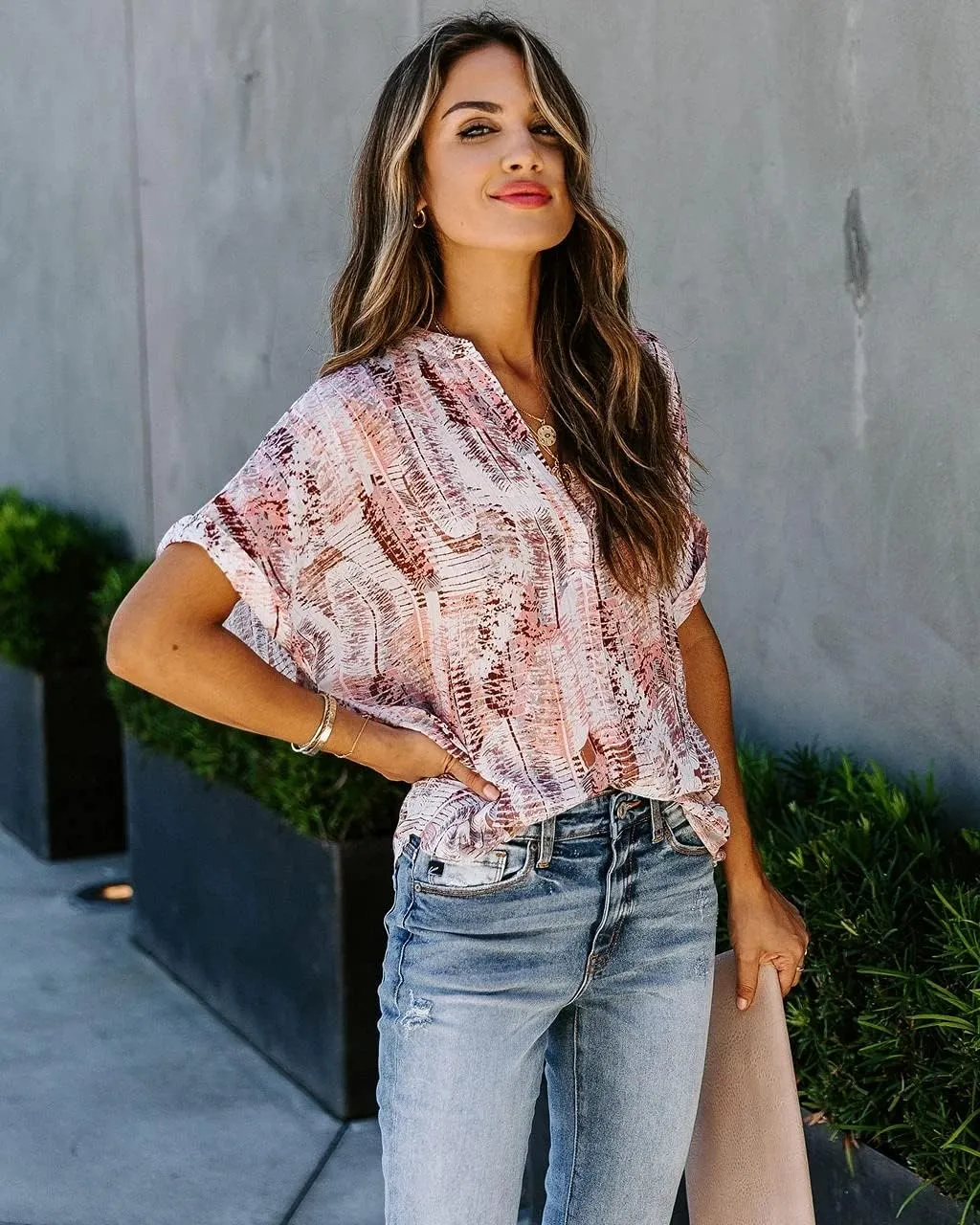 ANCAPELION Womens Summer Chiffon Blouse Casual Short Sleeve V Neck Shirt Loose Printed Cuffed Sleeve Tunic Tops for Women