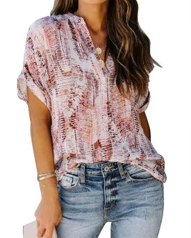 ANCAPELION Womens Summer Chiffon Blouse Casual Short Sleeve V Neck Shirt Loose Printed Cuffed Sleeve Tunic Tops for Women