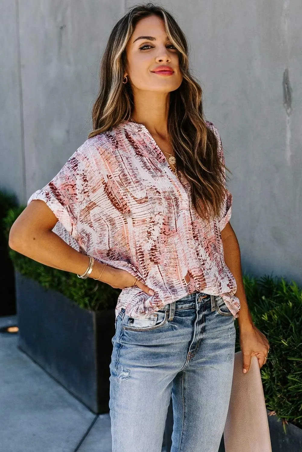 ANCAPELION Womens Summer Chiffon Blouse Casual Short Sleeve V Neck Shirt Loose Printed Cuffed Sleeve Tunic Tops for Women