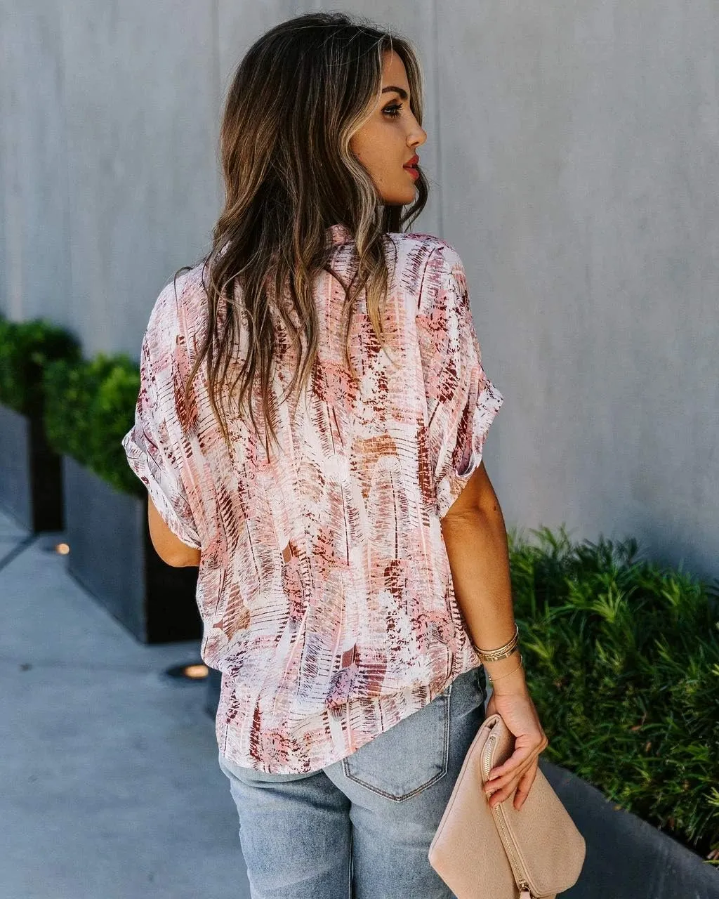 ANCAPELION Womens Summer Chiffon Blouse Casual Short Sleeve V Neck Shirt Loose Printed Cuffed Sleeve Tunic Tops for Women
