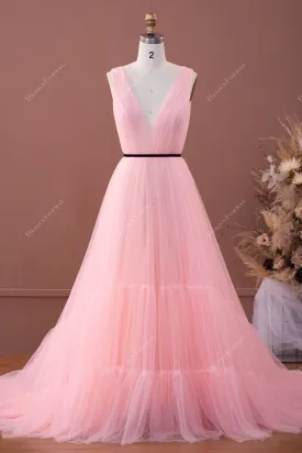 Baby Pink Pleated Tiered Tulle Fairy Formal Dress