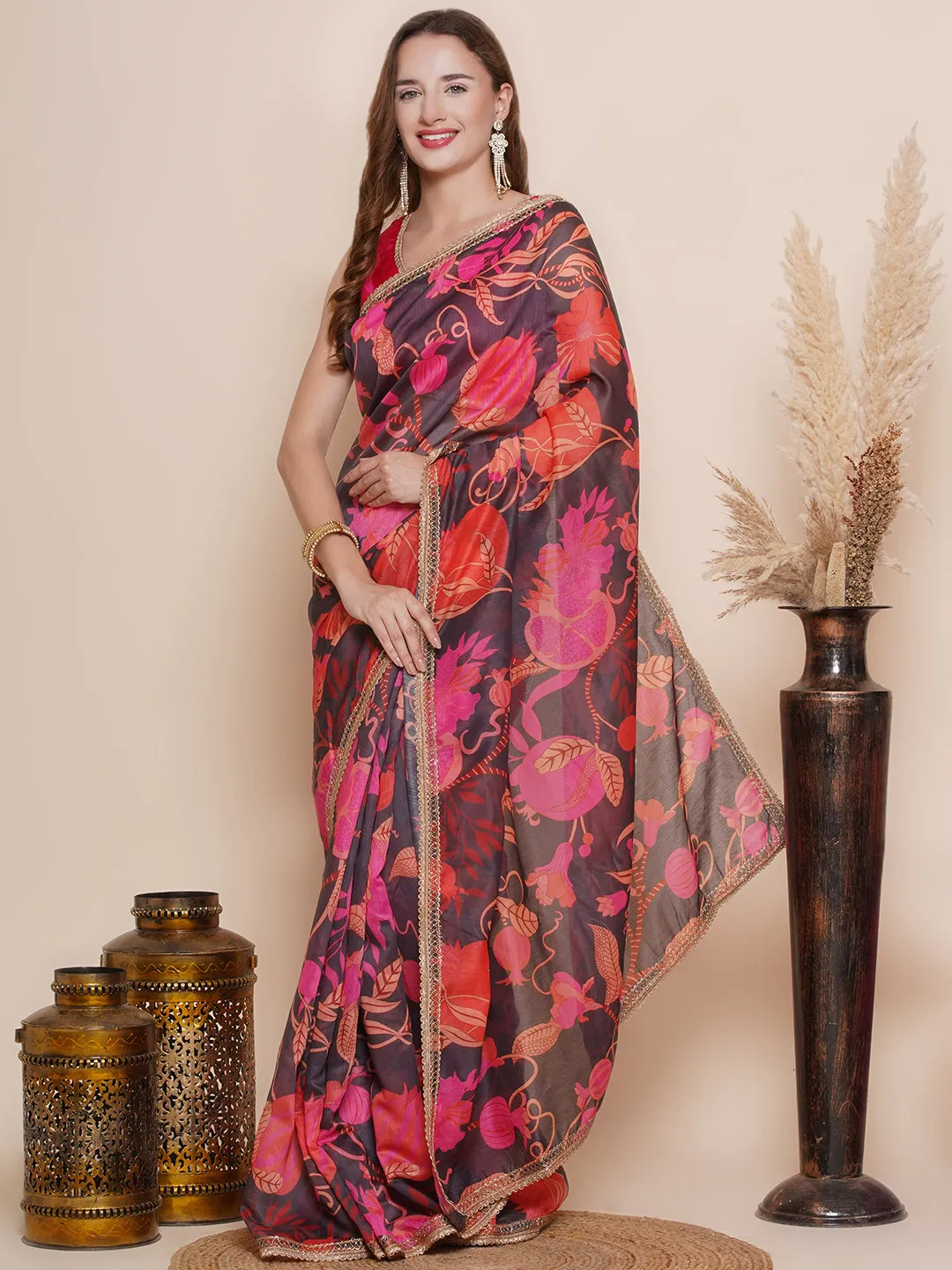 Black Multi Floral Printed Chanderi Sarees with Embellished border