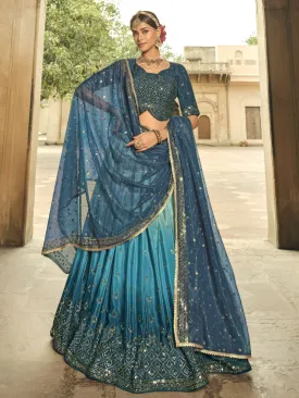 Blue and Teal Silk Embroidered Lehenga Choli
