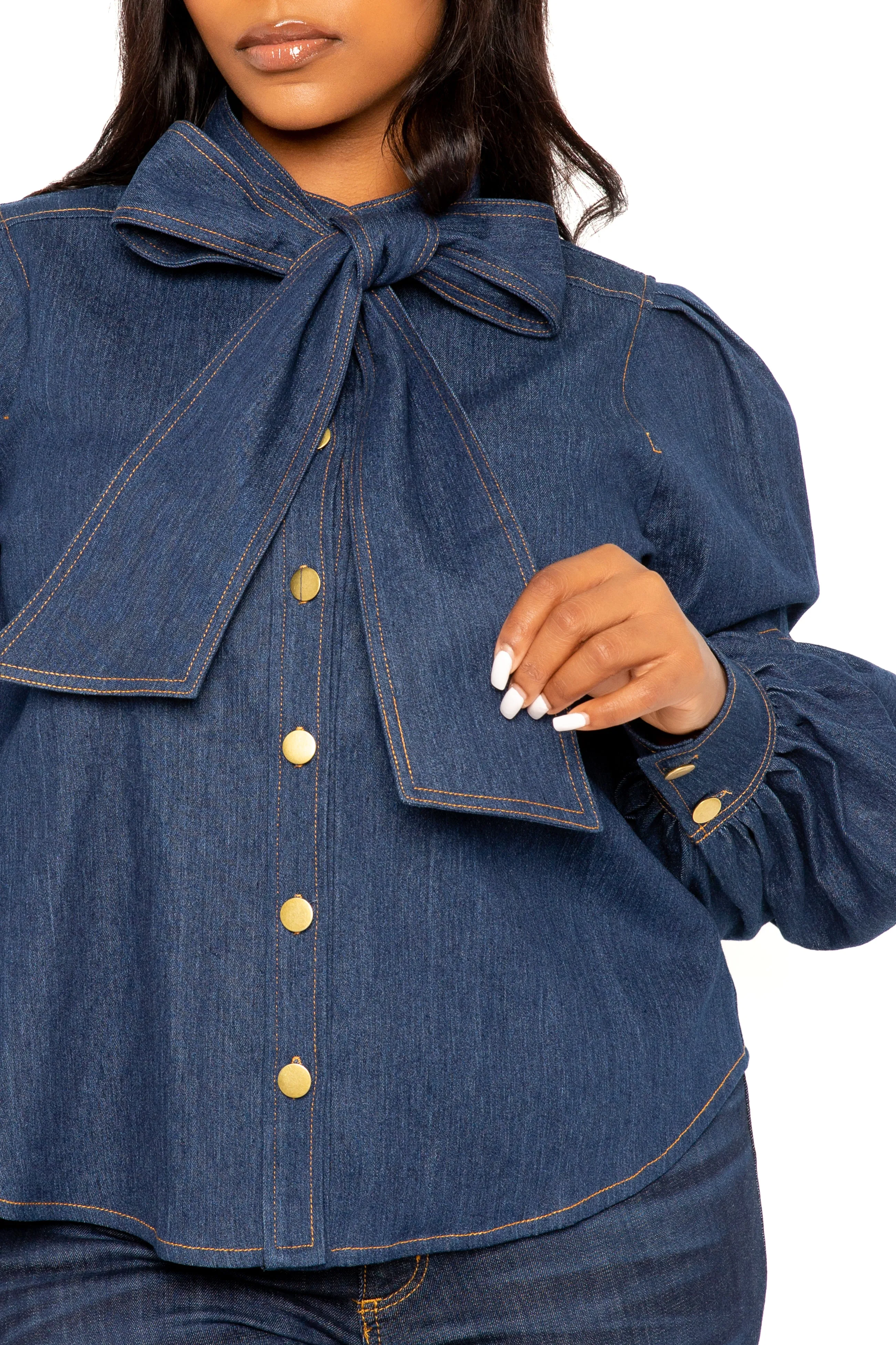 Bow Neck Puff Sleeve Denim Blouse