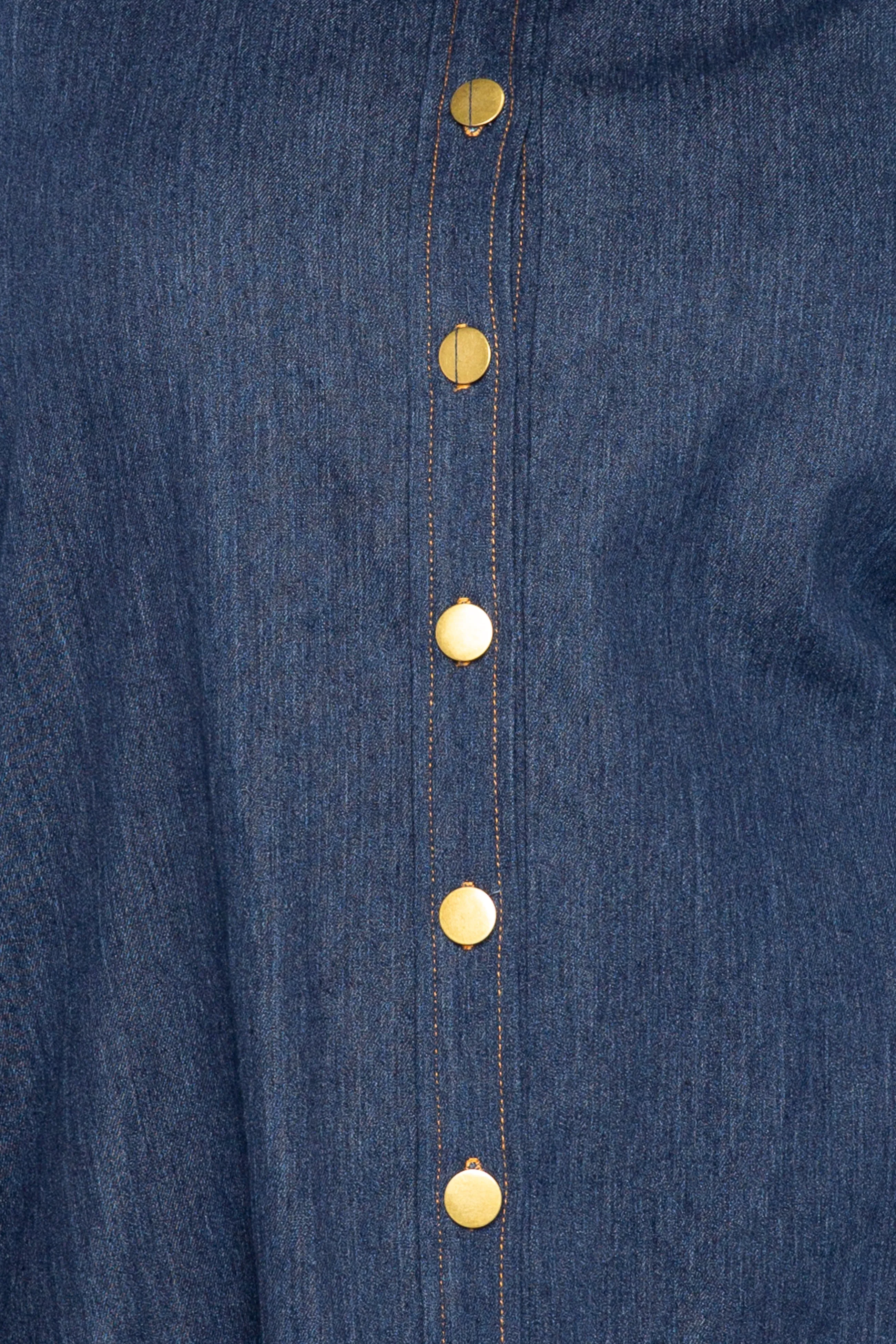 Bow Neck Puff Sleeve Denim Blouse