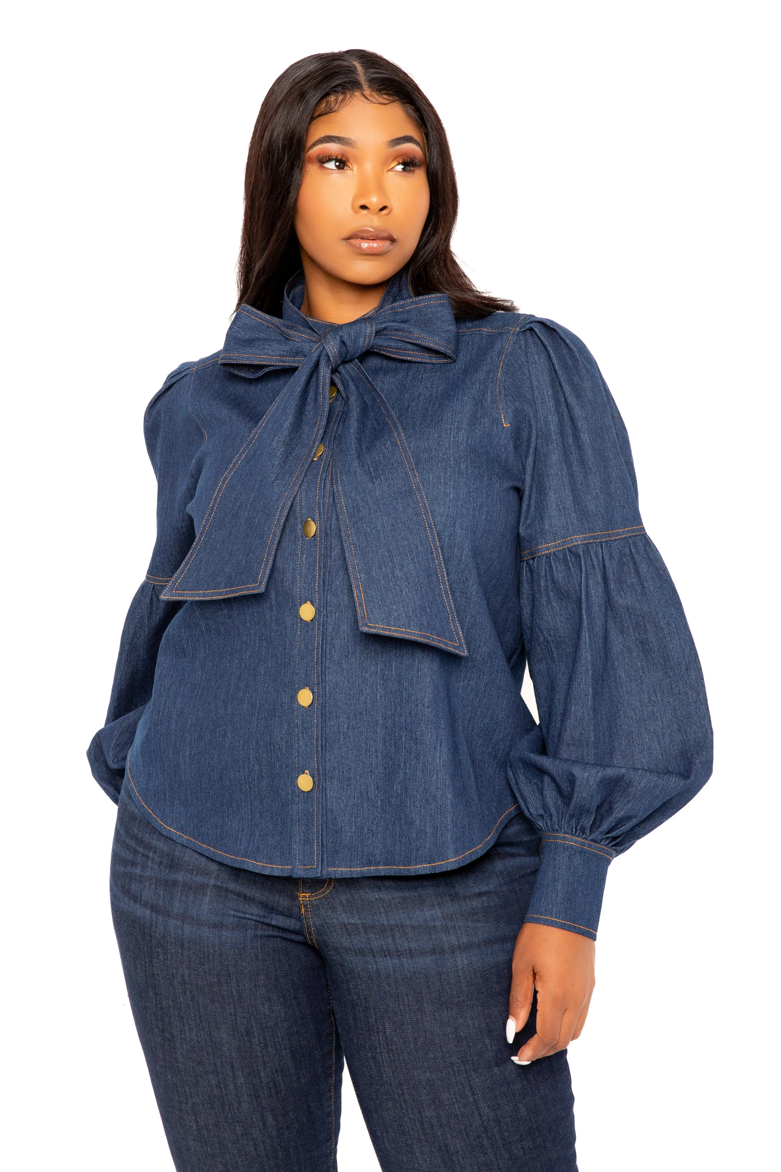 Bow Neck Puff Sleeve Denim Blouse