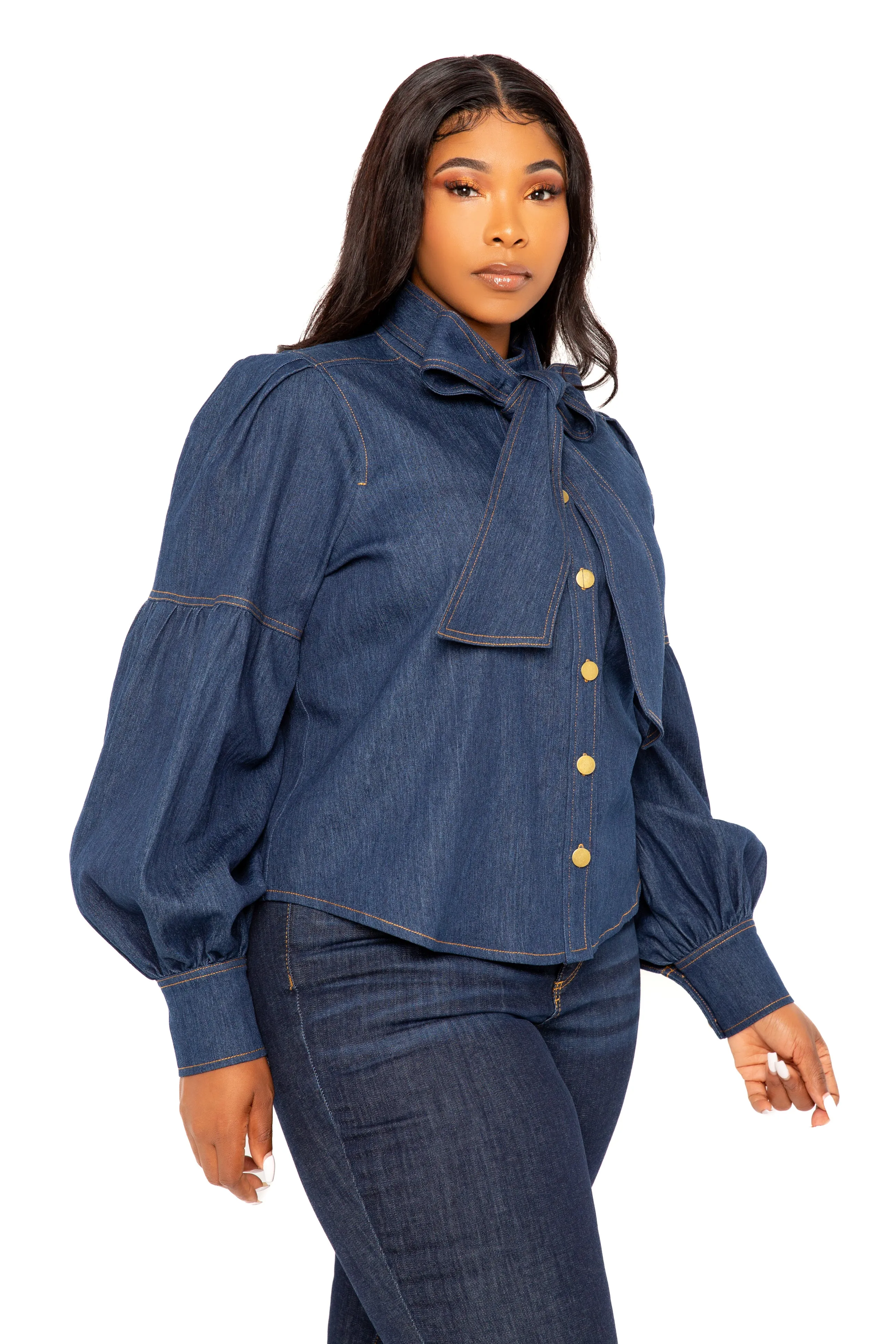 Bow Neck Puff Sleeve Denim Blouse