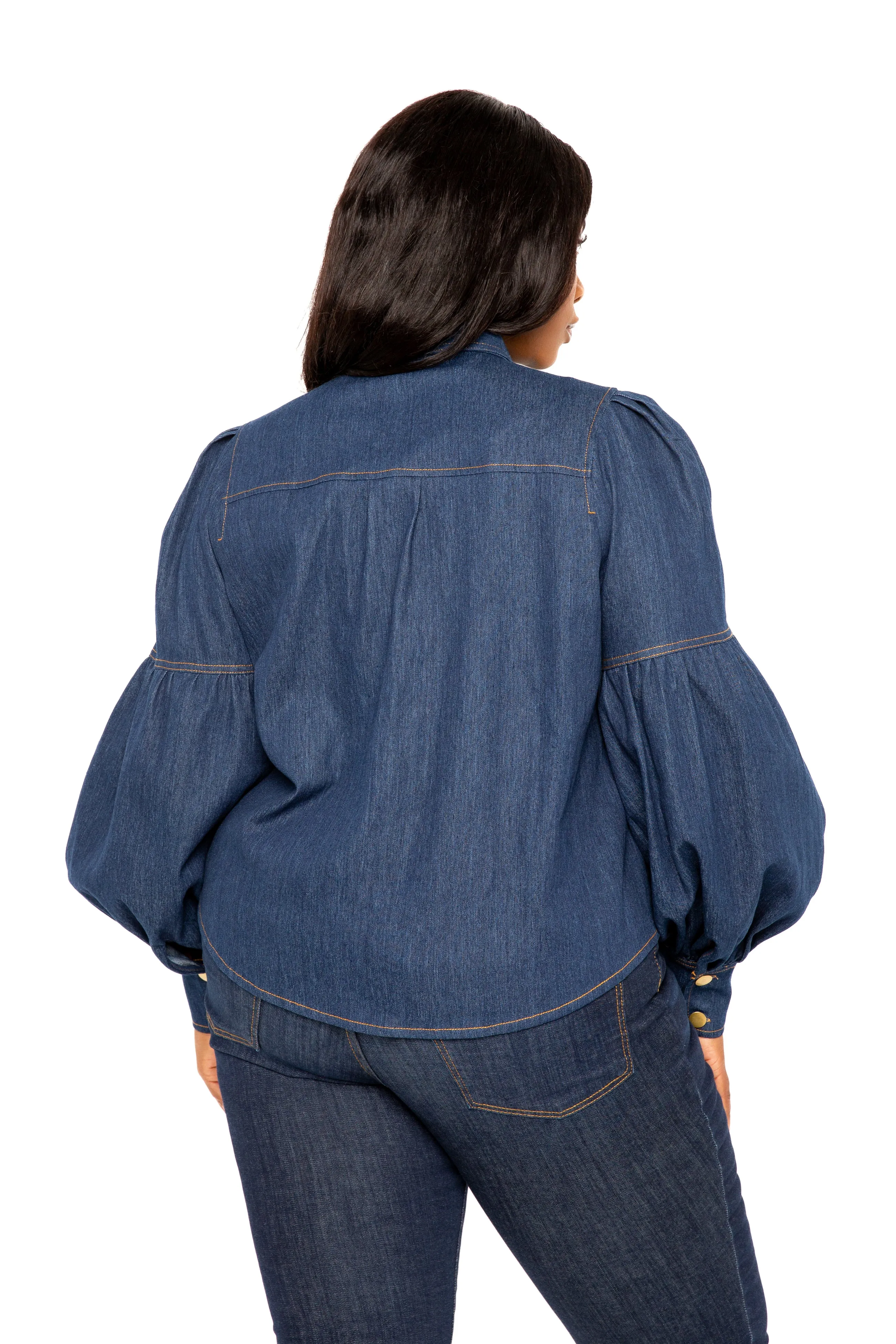 Bow Neck Puff Sleeve Denim Blouse