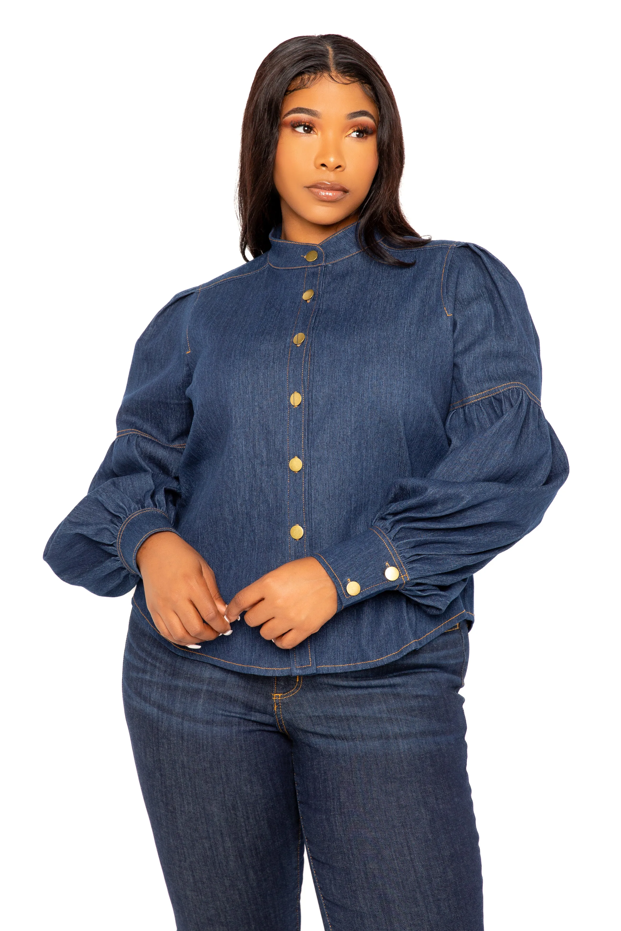 Bow Neck Puff Sleeve Denim Blouse