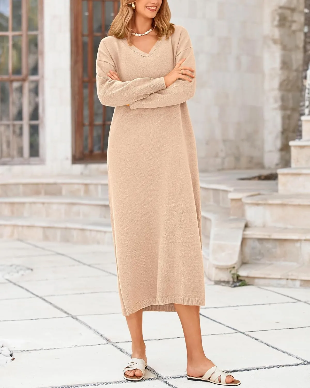 BTFBM Women Fall Sweater Dress Casual V Neck Long Sleeve Slit Knit Oversized Maternity Sweaters Maxi Dresses 2025 Winter