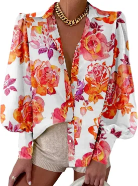 BTFBM Women Fashion Button Down Shirts V Neck Printed Solid Boho Long Sleeve Blouses Dressy Casual Summer Spring Tops