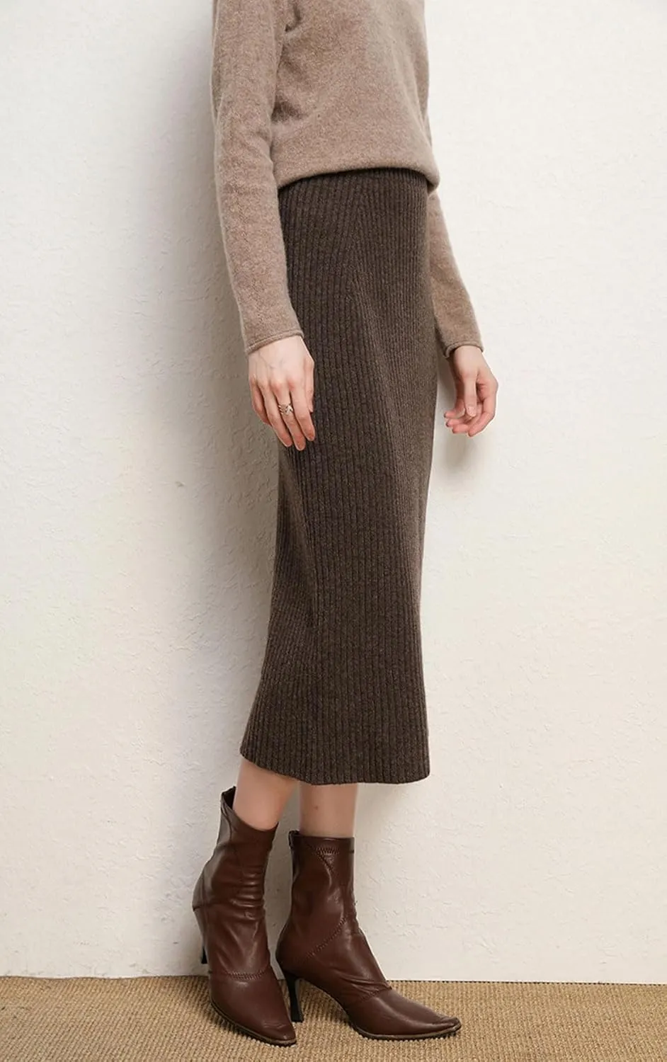 chouyatou Women's Fall Elastic High Waist Midi Rib Knit Skirt Office Work Bodycon Sweater Pencil Skirt