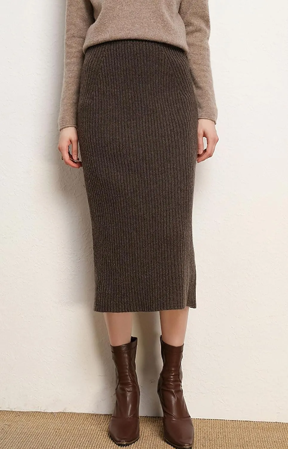 chouyatou Women's Fall Elastic High Waist Midi Rib Knit Skirt Office Work Bodycon Sweater Pencil Skirt