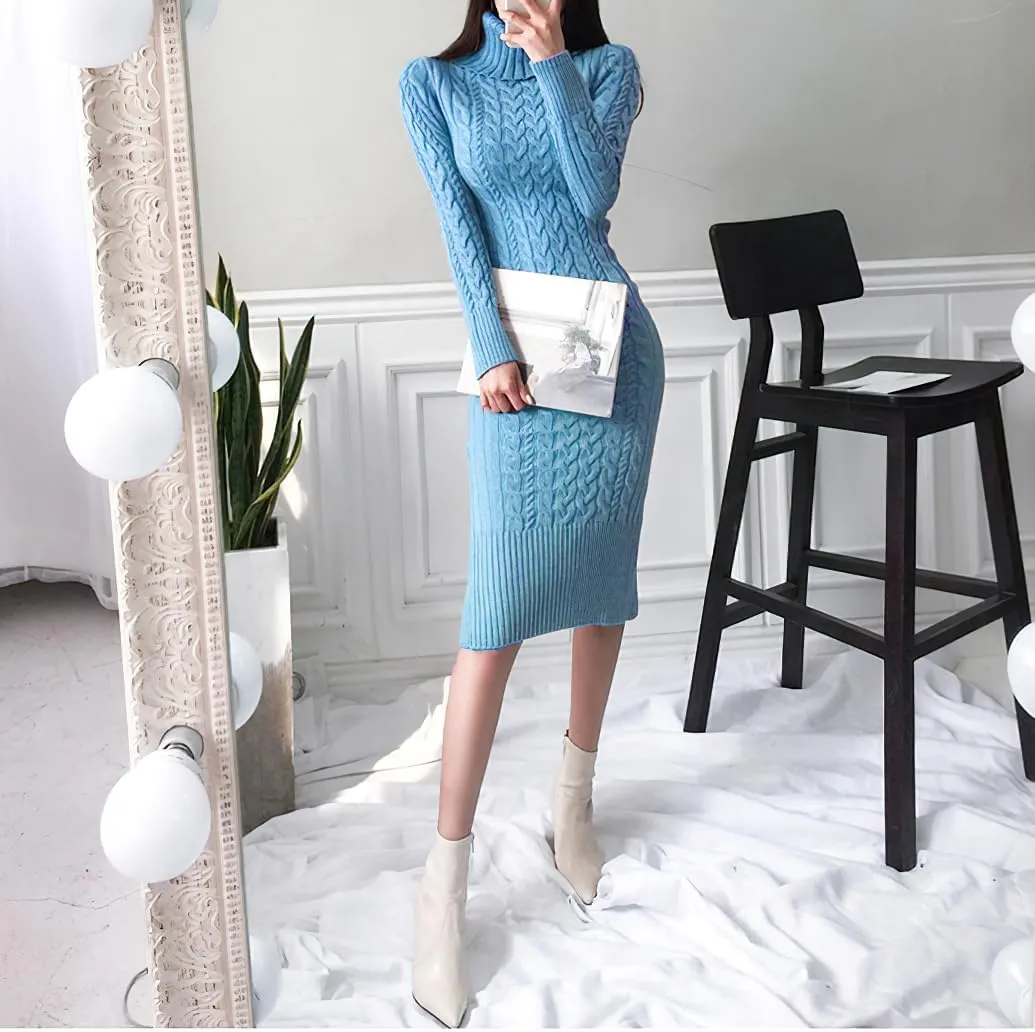 chouyatou Women's Fall Sexy Bodycon Pencil Turtleneck Cable Knit Midi Sweater Dress Pullover Sweater Dress