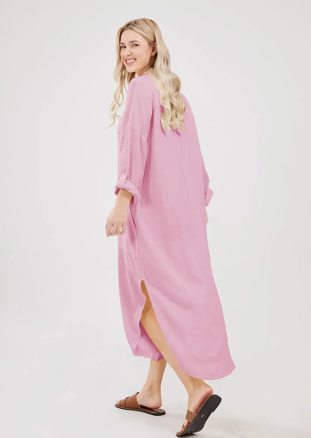 chouyatou Women's Spring Summer Cotton Linen Shirt Dress Button Down Casual Loose Maxi Shift Dress