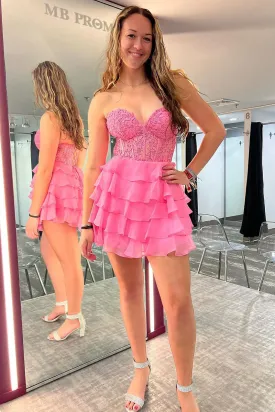 Cute A Line Sweetheart Hot Pink Chiffon Short Homecoming Dresses VK073124