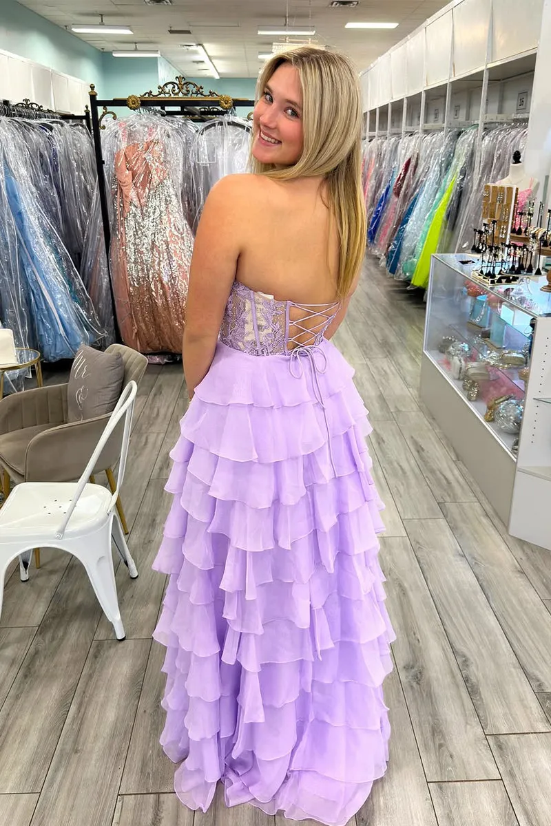 Cute A Line Sweetheart Lavender Chiffon Tiered Long Prom Dress VK25010706