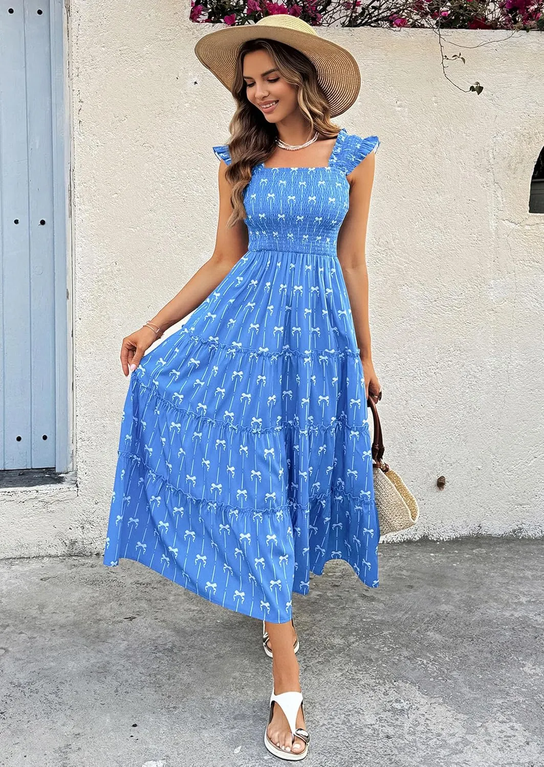 ECOWISH Women's 2025 Summer Maxi Dress Casual Sleeveless Square Neck Smocked Ruffle Bow Tiered Flowy A Line Beach Sundress