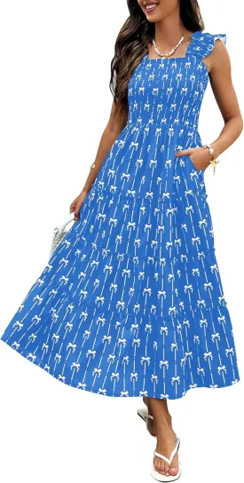 ECOWISH Women's 2025 Summer Maxi Dress Casual Sleeveless Square Neck Smocked Ruffle Bow Tiered Flowy A Line Beach Sundress