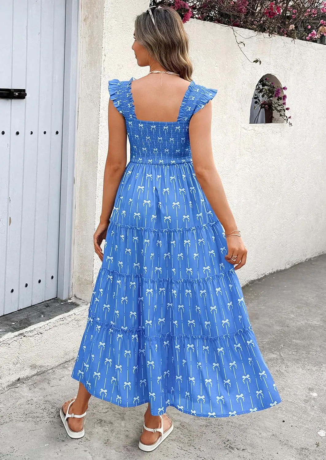 ECOWISH Women's 2025 Summer Maxi Dress Casual Sleeveless Square Neck Smocked Ruffle Bow Tiered Flowy A Line Beach Sundress