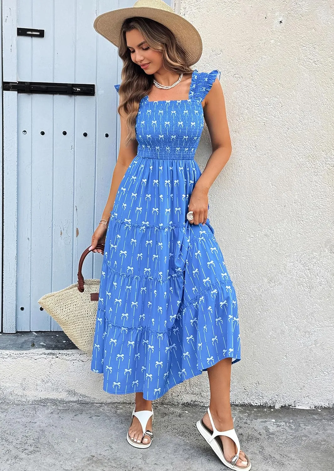 ECOWISH Women's 2025 Summer Maxi Dress Casual Sleeveless Square Neck Smocked Ruffle Bow Tiered Flowy A Line Beach Sundress