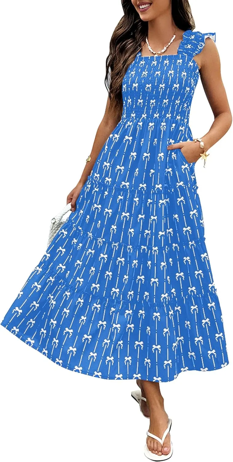 ECOWISH Women's 2025 Summer Maxi Dress Casual Sleeveless Square Neck Smocked Ruffle Bow Tiered Flowy A Line Beach Sundress
