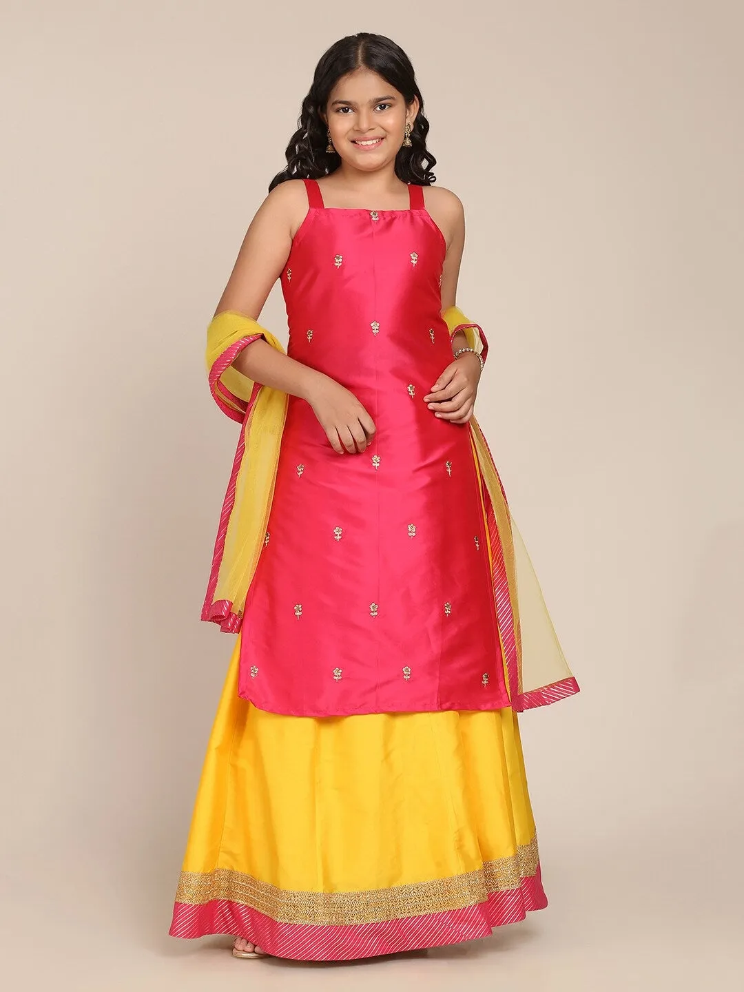 Girls Pink & Yellow Embroidered Ready To Wear Lehenga & Blouse With Dupatta