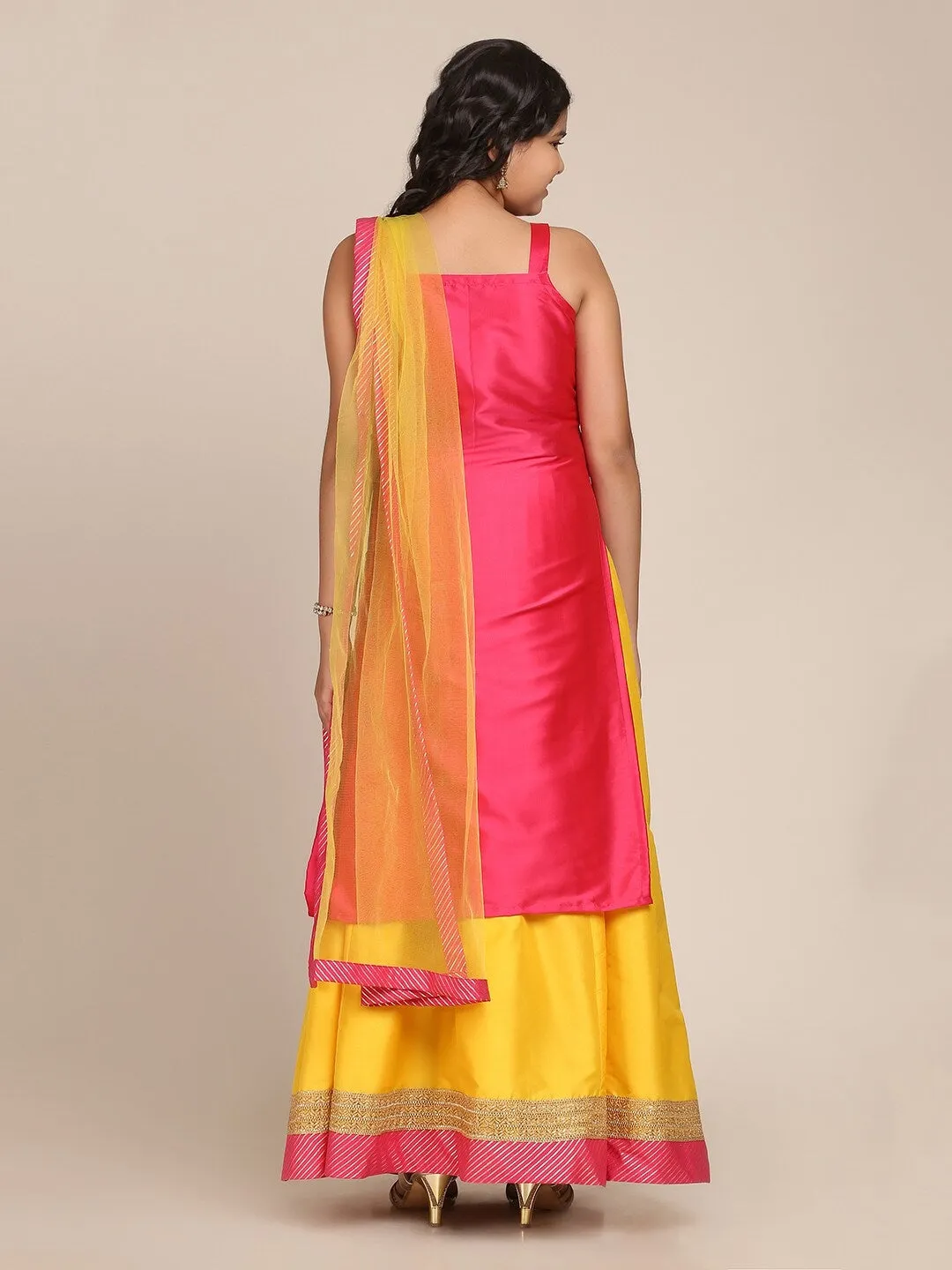 Girls Pink & Yellow Embroidered Ready To Wear Lehenga & Blouse With Dupatta