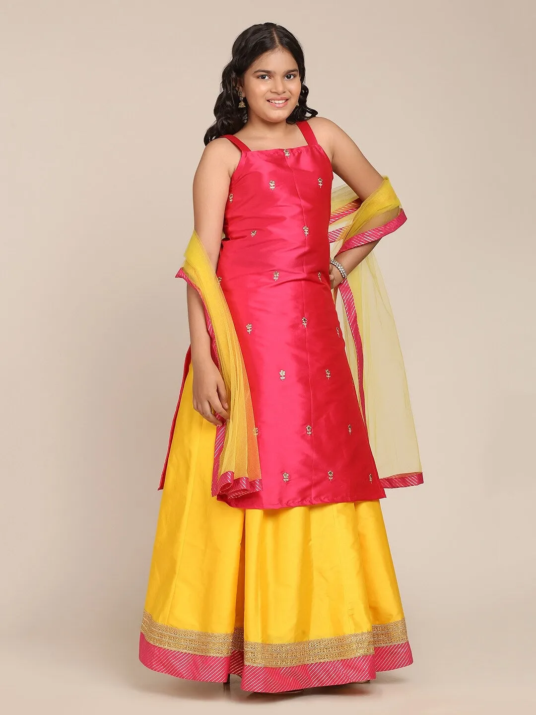 Girls Pink & Yellow Embroidered Ready To Wear Lehenga & Blouse With Dupatta