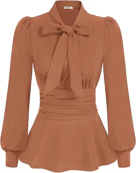 GRACE KARIN Women's 2025 Long Sleeve Peplum Dressy Shirt Office Bow Tie Work Blouses Tops Smocked Waist