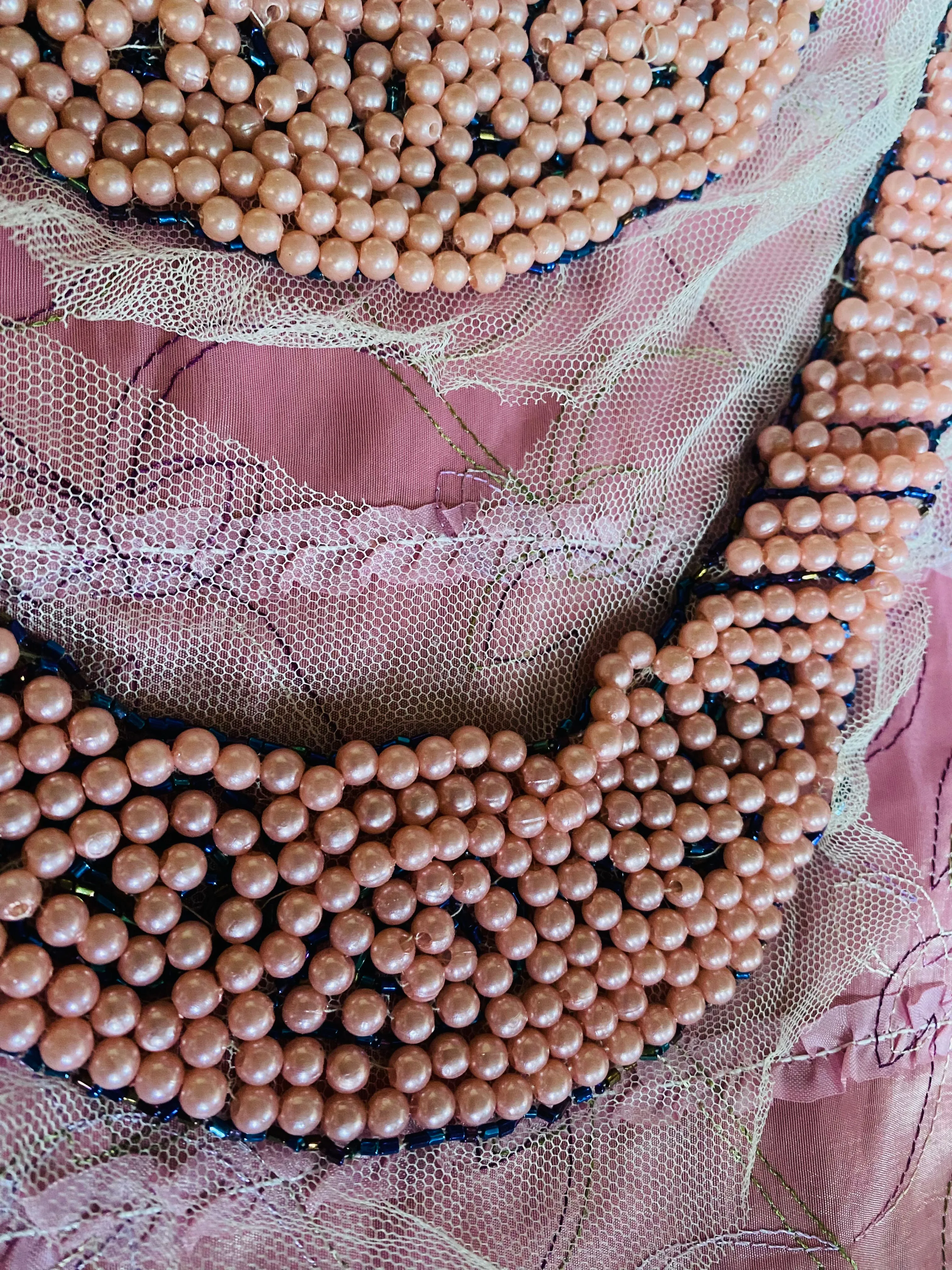 Haggle: THE PRINCESS PEARL Pink Pearl Beaded Appliqué on White Mesh Lace