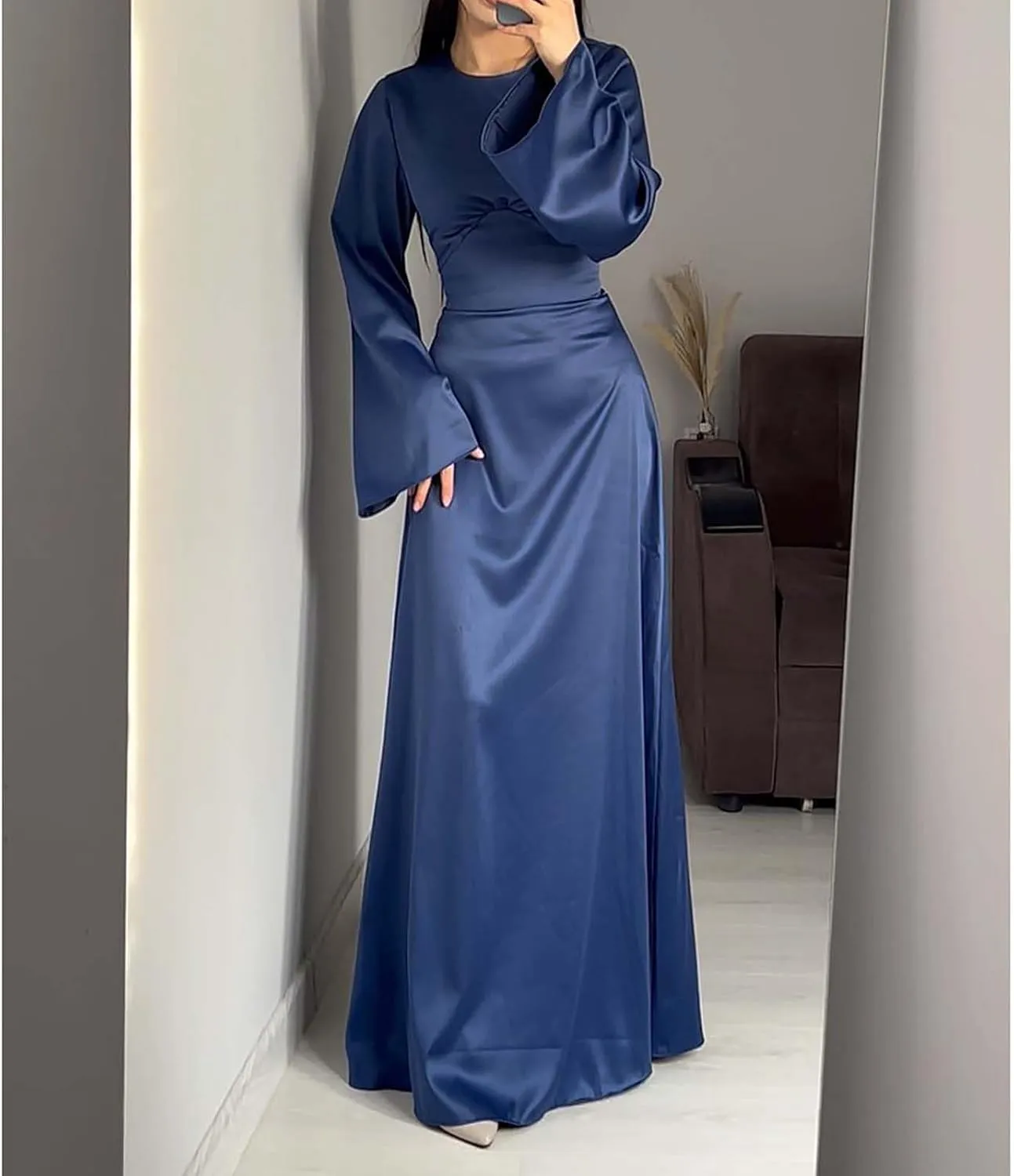 HGps8w Womens Elegant Satin Party Dress Bell Long Sleeve Cocktail Maxi Dress High Waisted Formal Party Evening Gowns