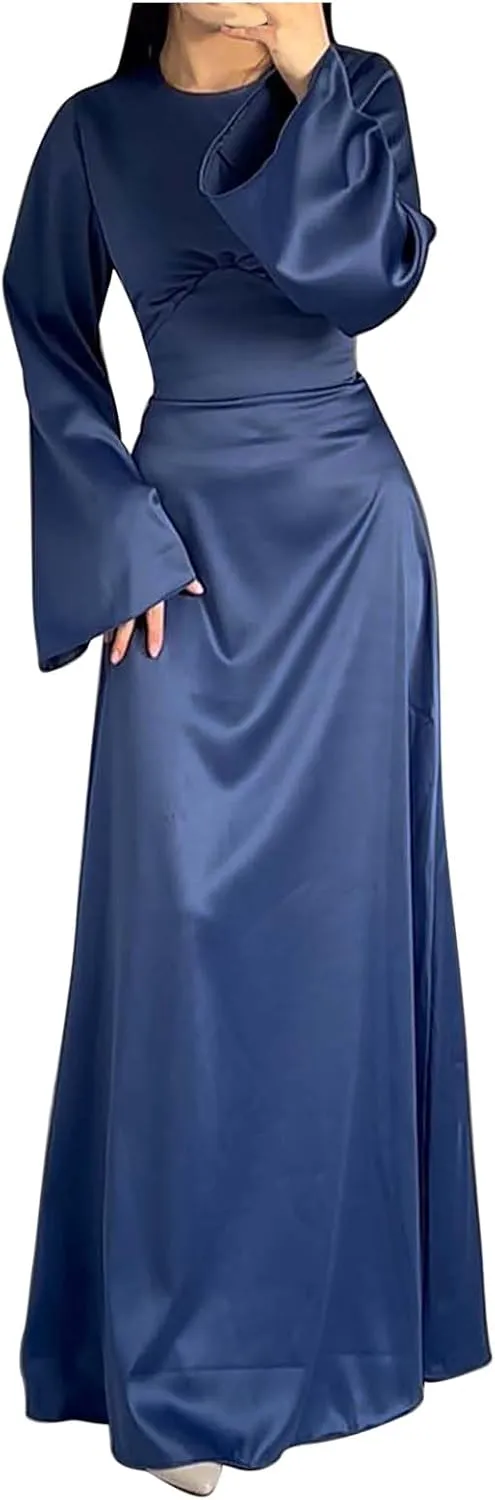 HGps8w Womens Elegant Satin Party Dress Bell Long Sleeve Cocktail Maxi Dress High Waisted Formal Party Evening Gowns