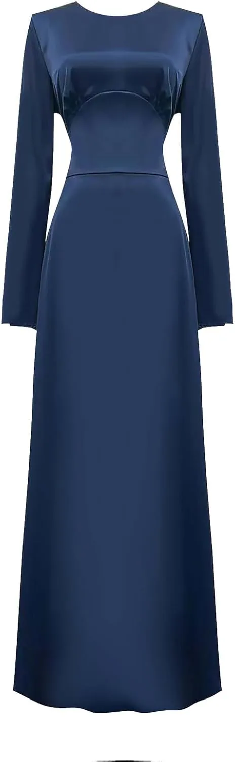 HGps8w Womens Elegant Satin Party Dress Bell Long Sleeve Cocktail Maxi Dress High Waisted Formal Party Evening Gowns