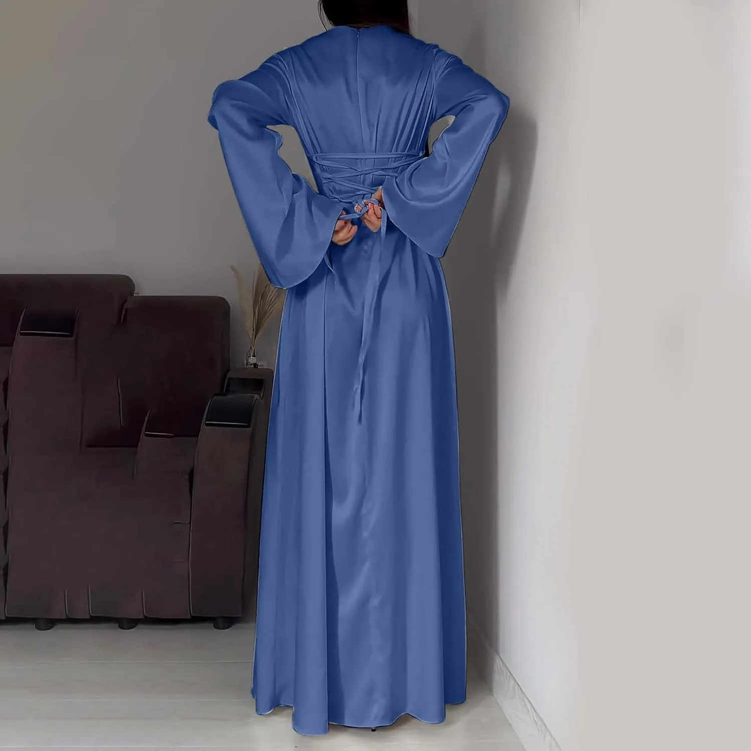 HGps8w Womens Elegant Satin Party Dress Bell Long Sleeve Cocktail Maxi Dress High Waisted Formal Party Evening Gowns