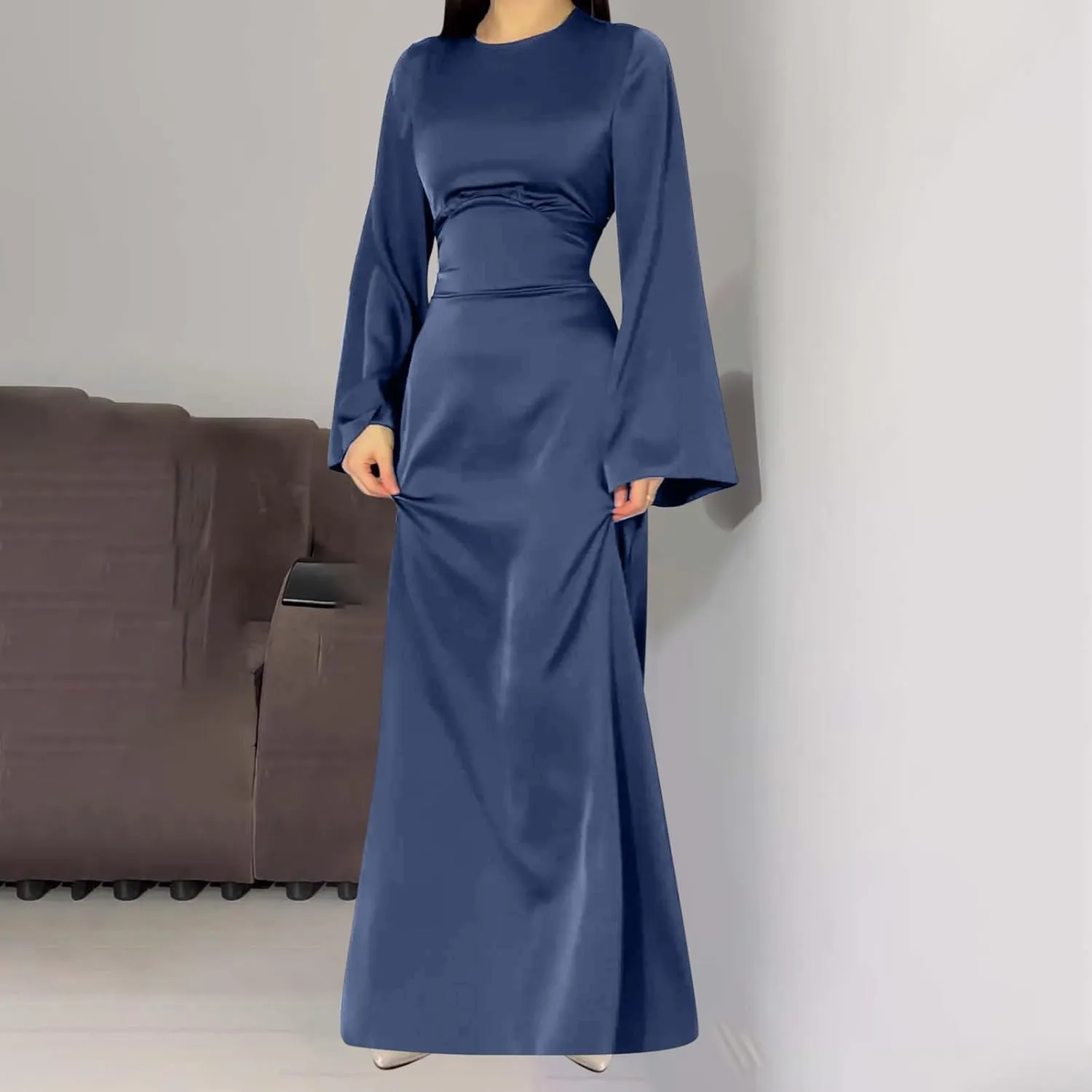 HGps8w Womens Elegant Satin Party Dress Bell Long Sleeve Cocktail Maxi Dress High Waisted Formal Party Evening Gowns