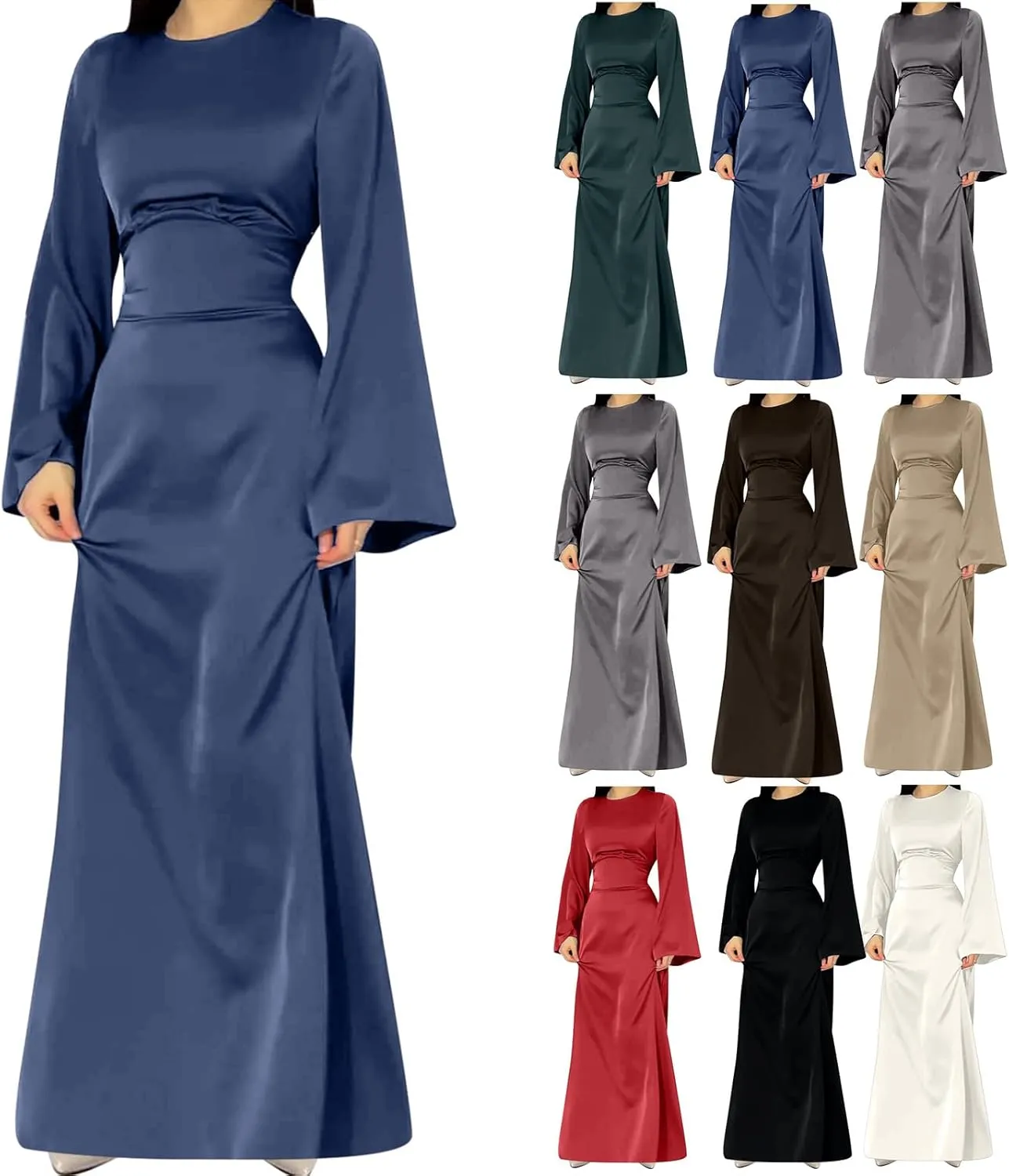 HGps8w Womens Elegant Satin Party Dress Bell Long Sleeve Cocktail Maxi Dress High Waisted Formal Party Evening Gowns