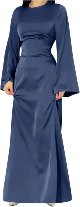 HGps8w Womens Elegant Satin Party Dress Bell Long Sleeve Cocktail Maxi Dress High Waisted Formal Party Evening Gowns