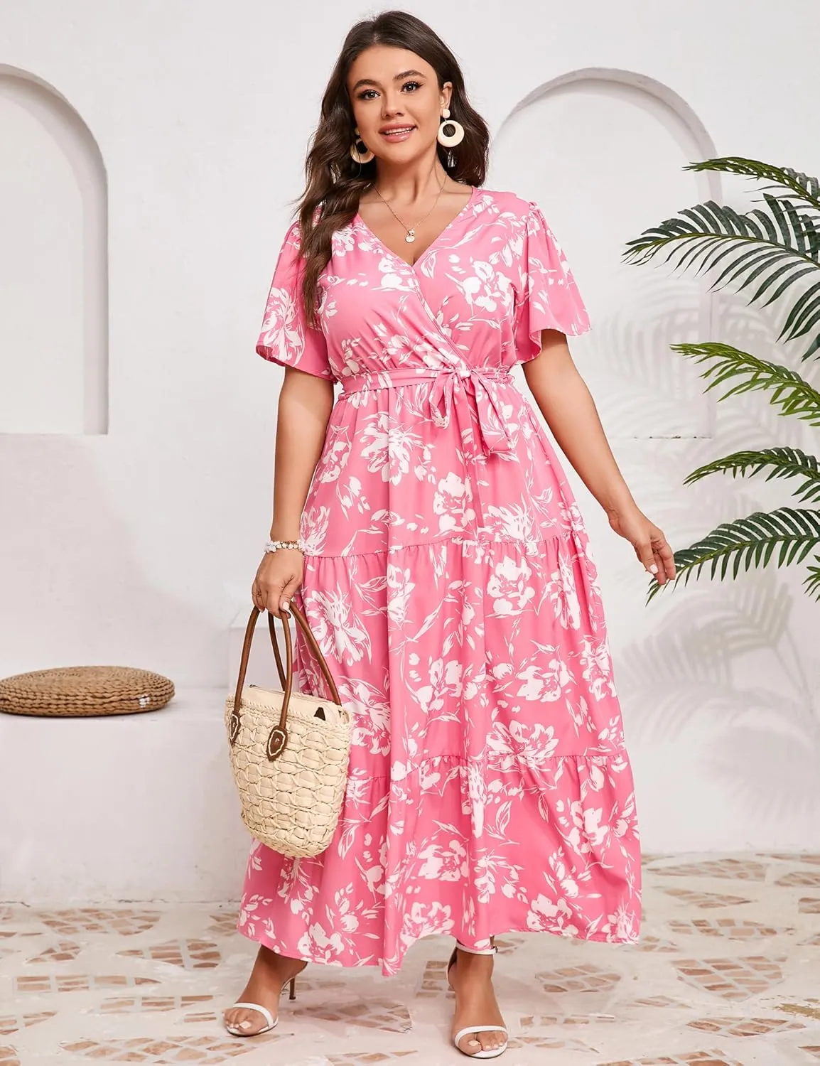 KOJOOIN Women Plus Size V Neck Wrap Maxi Dress Short Sleeves High Waist Ruffle Summer Casual Dress with Belt