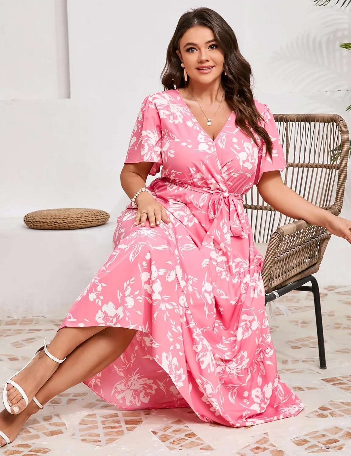 KOJOOIN Women Plus Size V Neck Wrap Maxi Dress Short Sleeves High Waist Ruffle Summer Casual Dress with Belt