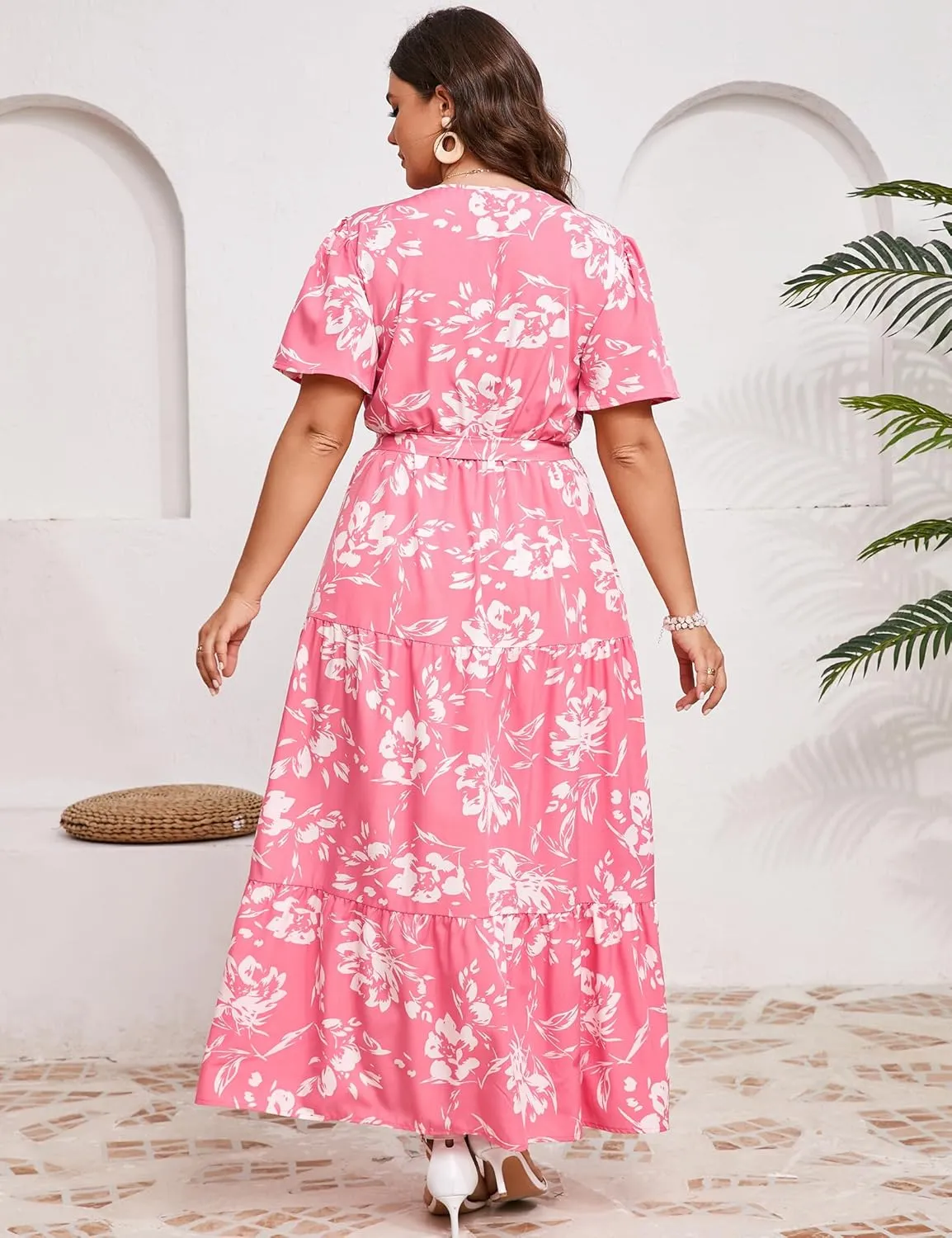 KOJOOIN Women Plus Size V Neck Wrap Maxi Dress Short Sleeves High Waist Ruffle Summer Casual Dress with Belt