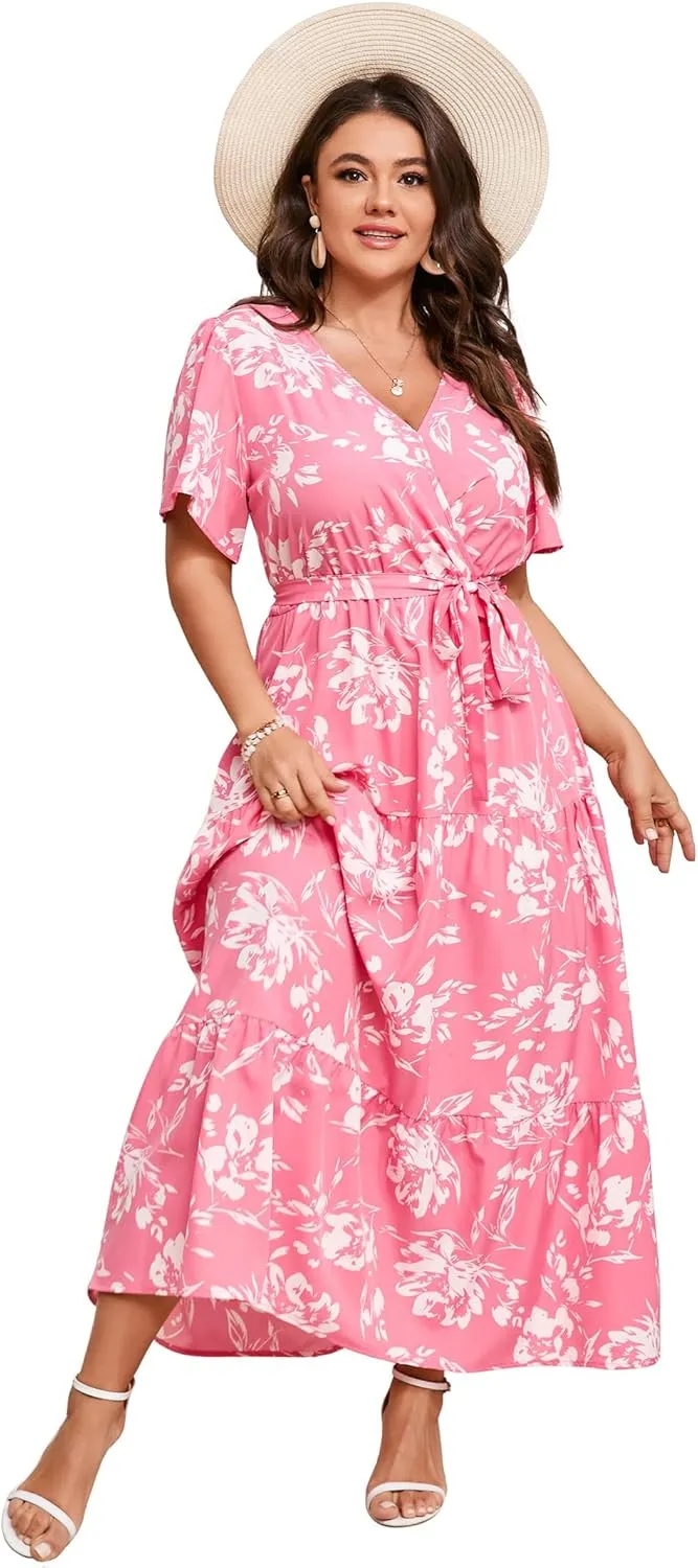 KOJOOIN Women Plus Size V Neck Wrap Maxi Dress Short Sleeves High Waist Ruffle Summer Casual Dress with Belt