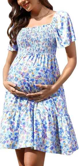 KOJOOIN Women's Maternity Smocked Short Sleeve Summer Dress V Neck Boho Ruffle Casual Swing Midi Dress Baby Shower Photoshoot