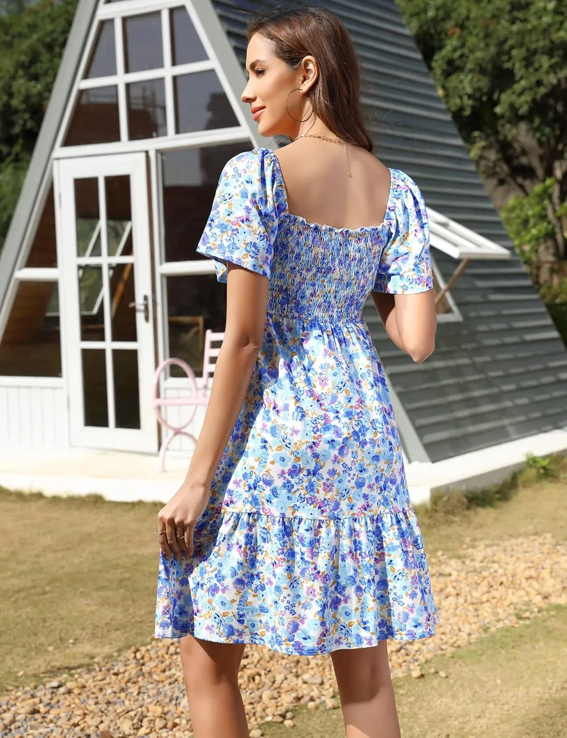 KOJOOIN Women's Maternity Smocked Short Sleeve Summer Dress V Neck Boho Ruffle Casual Swing Midi Dress Baby Shower Photoshoot